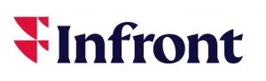 Infront-Logo mit dunkelblauer Wortmarke und rotem grafischem Symbol.