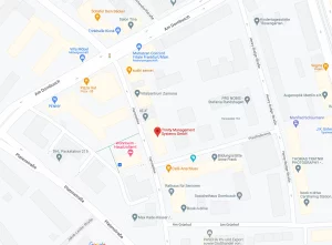 Kartenausschnitt mit markiertem Standort der Trinity Management Systems GmbH an der Hansaallee in Frankfurt am Main.