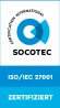 SOCOTEC Zertifikat ISO/IEC 27001 mit Hinweis „zertifiziert“ für Informationssicherheitsmanagement.