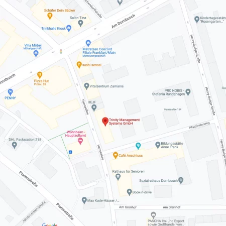 Kartenausschnitt mit markiertem Standort der Trinity Management Systems GmbH an der Hansaallee in Frankfurt am Main.
